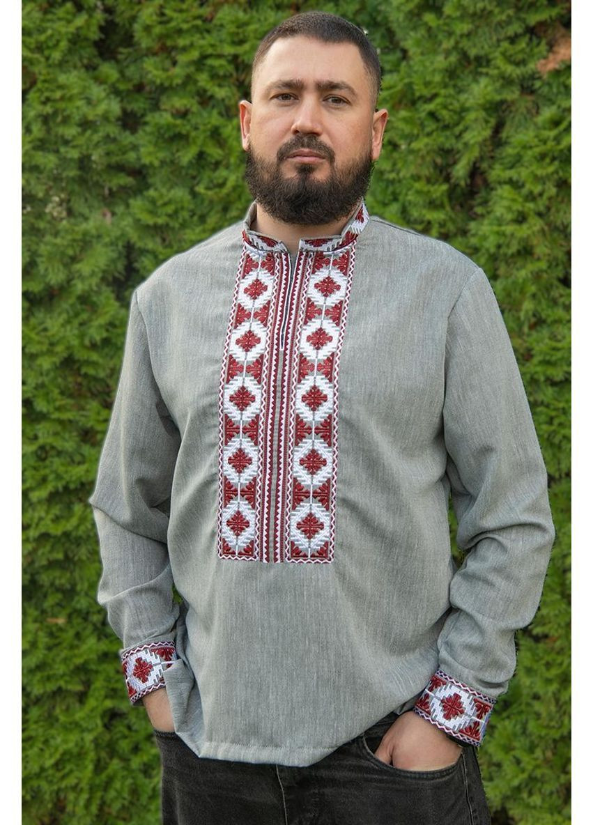 Серая мужская украинская вышиванка стильная мужская вышитая рубашка лен V&V узор орнамент прямой, приталенная, свободная лен (368848895)
