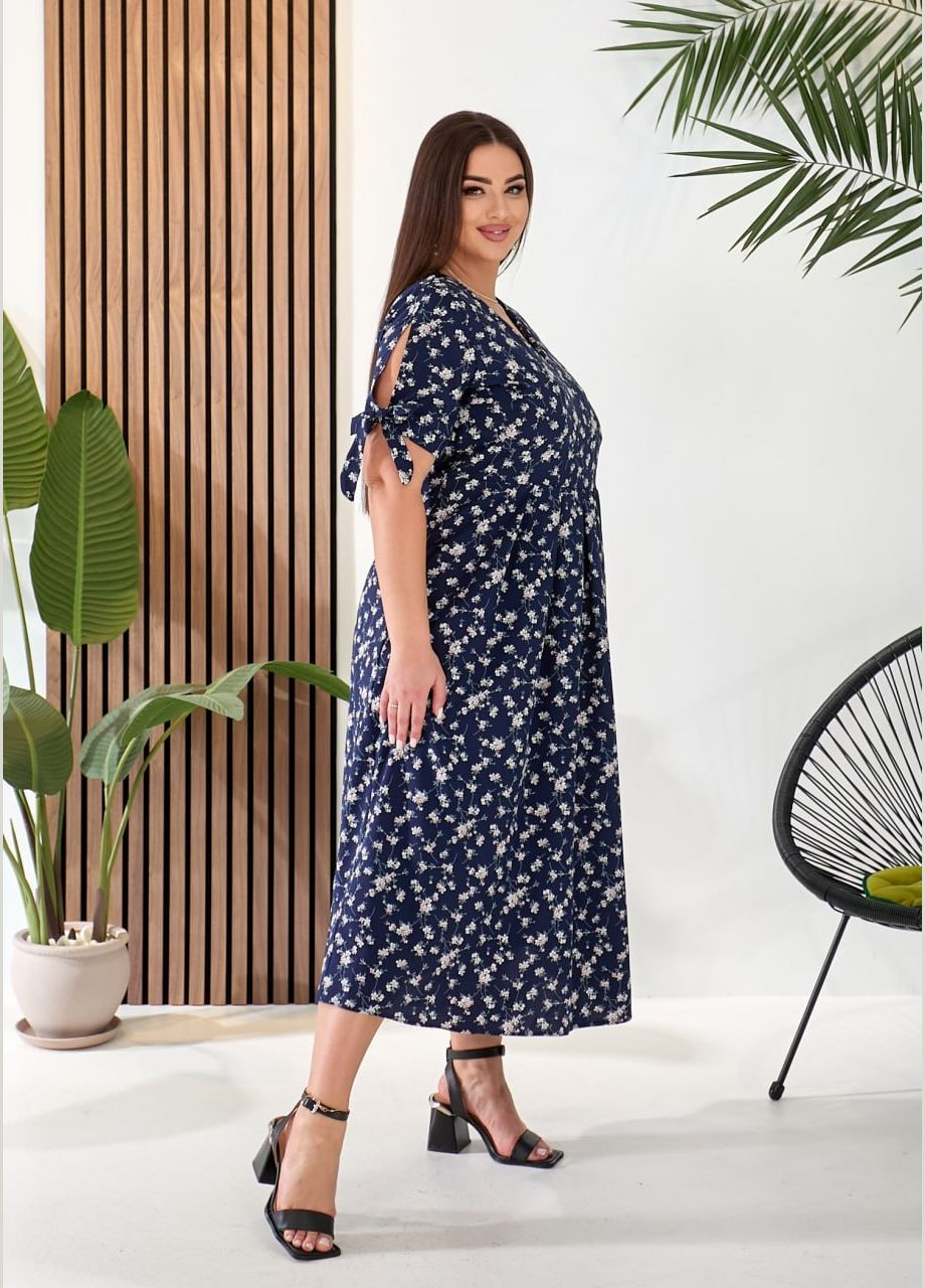 Темно-синее повседневный элегантное женское платье меди с цветочным принтом. Avanti с цветочным принтом