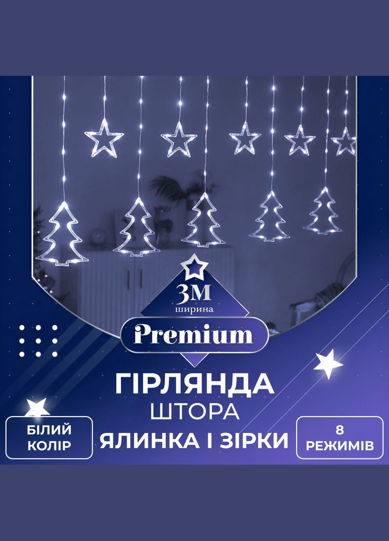 Гірлянда-штора Зірки та ялинки розмір 3*0,9 м 10 фігур, білий GarlandoPro (328441123)