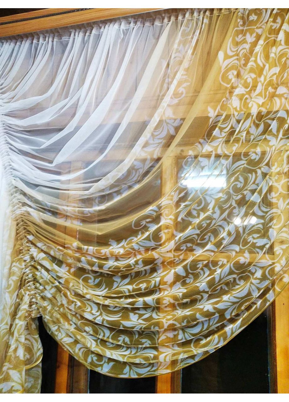 Фіранка коротка готова Камелія гірчичний ліва No Brand (372133846)