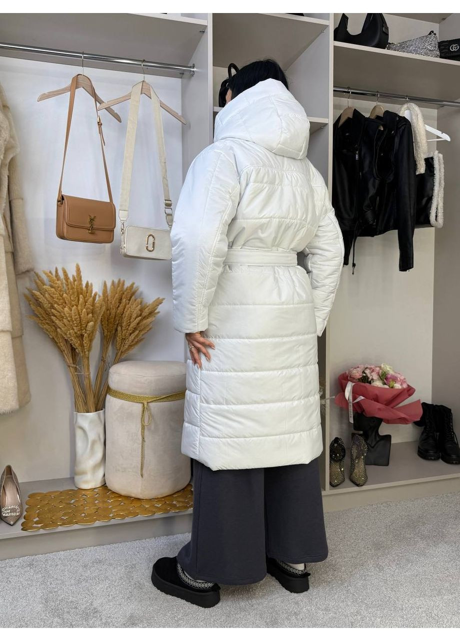 Молочне демісезонне Зимове стьобане пальто з поясом та об’ємним капюшоном • тепле та стильне • ЗАМІРИ В ОПИСІ GD/GL Модний простір