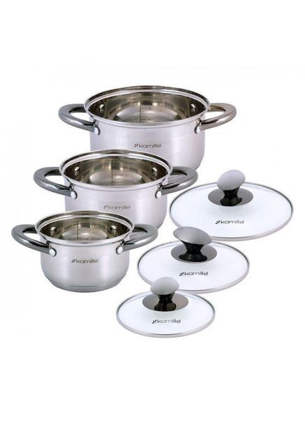 Набір каструль з нержавіючої сталі 6 предметів для індукції і газу (1.0 л, 1.5 л, 2.0 л) KM-4926 Kamille (346600503)