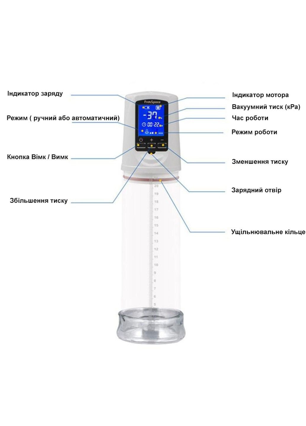 Автоматична вакуумна помпа FreeSpace з LED-дисплеєм для збільшення розміру пеніса (USB) We Love (284278462)