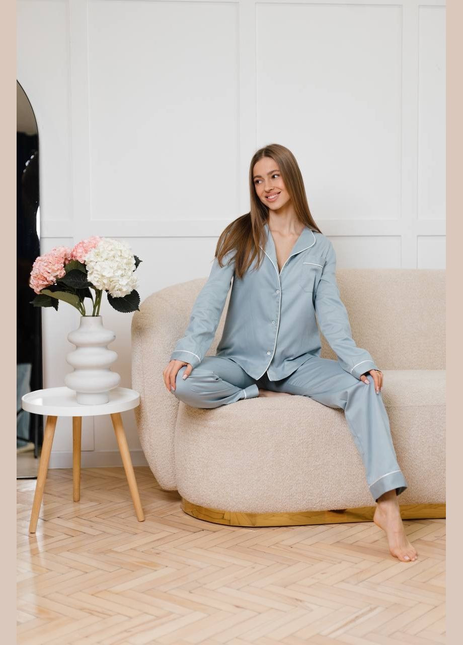 Голубая классическая пижама из натуральной ткани брюки и рубашка Shine
