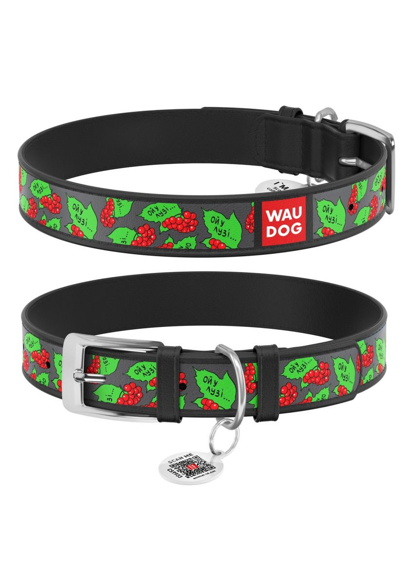 Ошейник для собак кожаный Design с QR паспортом, рисунок "Калина", XL, Ш 35 мм, Дл 46-59 см, черный WAUDOG (322328451)