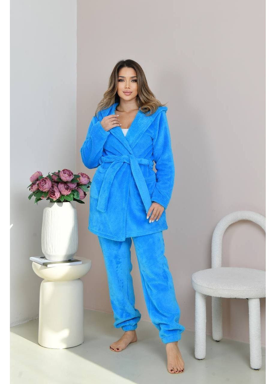 Блакитна всесезон піжама жіноча махрова зі штанами та халатом No Brand