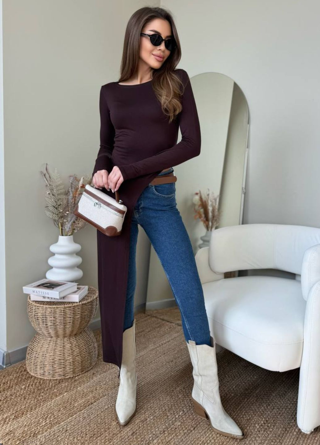 Вишукана приталена довга асиметрична туніка з довгими рукавами з вирізами для пальчиків Tik-Tak (326600231)