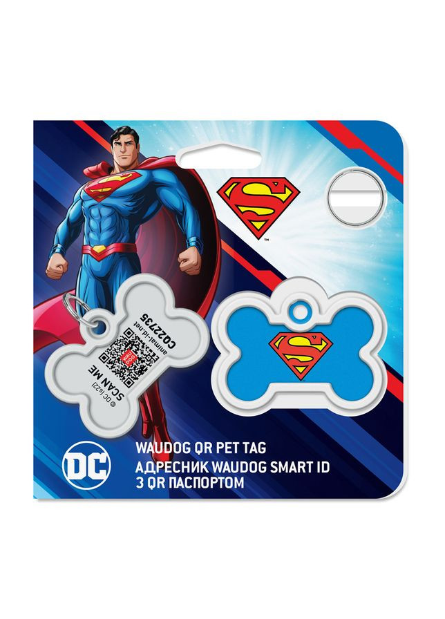 Адресник для собак і котів металевий Smart ID з QR паспортом, малюнок "Супермен-герой", кістка, Д 40 мм, Ш 28 мм WAUDOG (363200883)
