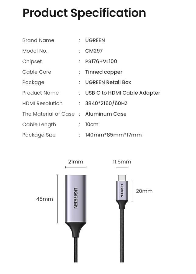 Адаптер CM297 переходник USB Type-C to HDMI 2.0 4K@60Hz (70444) Ugreen (341325811)