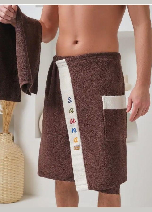 Чоловічий рушник для сауни набір Махра коричневий (П4К-Msauna001-53) No Brand напис коричневий