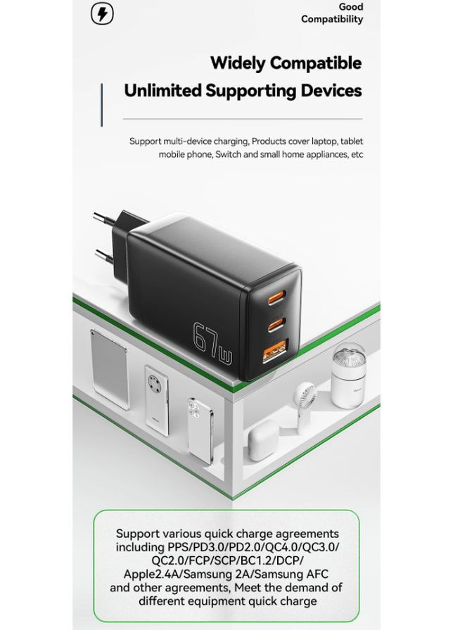 Зарядний пристрій 67W GaN 2xUSB-С/1xUSB-A, QC4.0/PD3.0/Fast Charge, Black Essager (302245153)