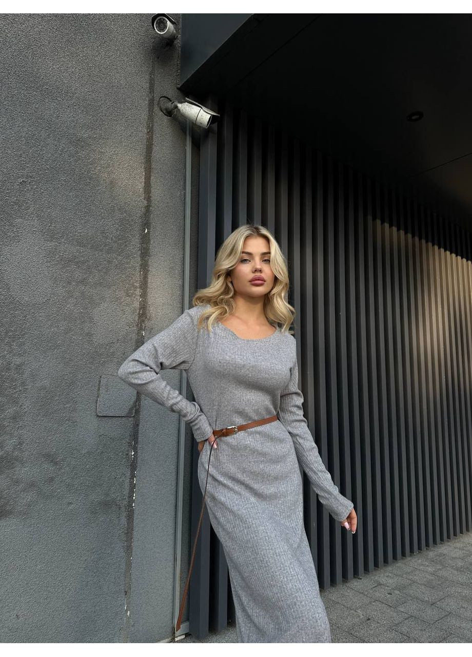 Сіра ангорова сукня міді з поясом Fashion