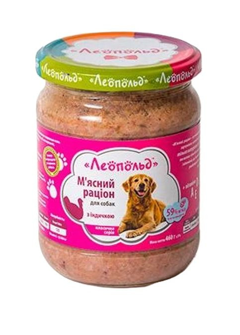 М'ясний раціон з індичкою для собак, скляна банка 460 г (6шт/уп) Леопольд (335029463)