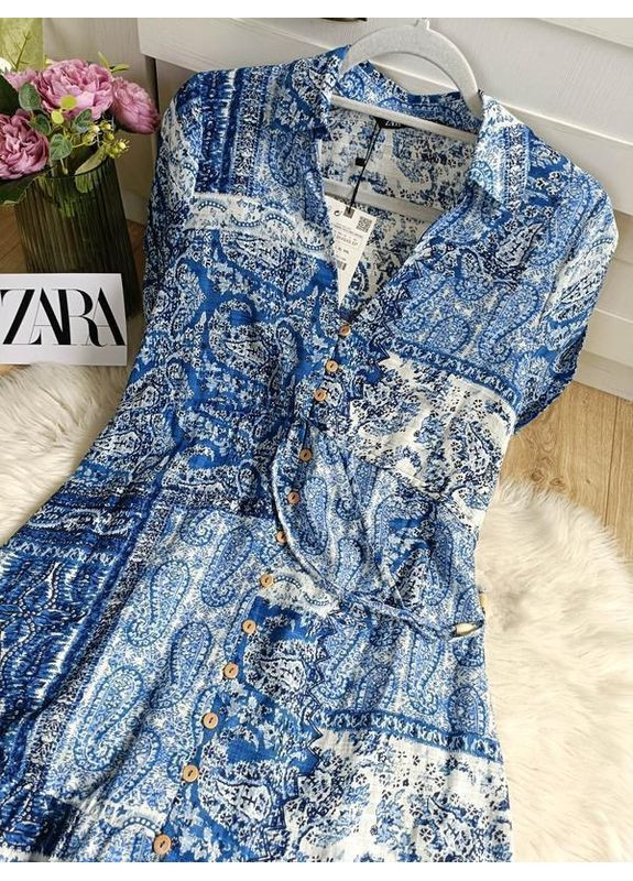 Синя сукня-сорочка середньої довжини з принтом Zara