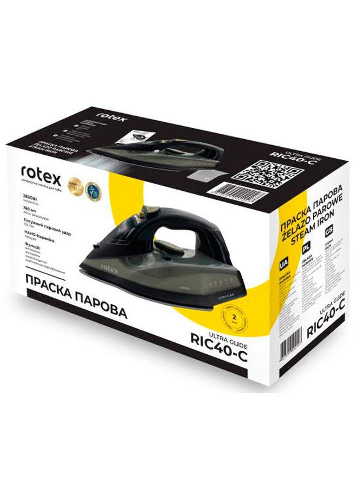 Гладильный утюг RIC40-C Ultra Glide Керамическое покрытие 2600Вт Резервуар для воды 380мл Черный Rotex (351361310)