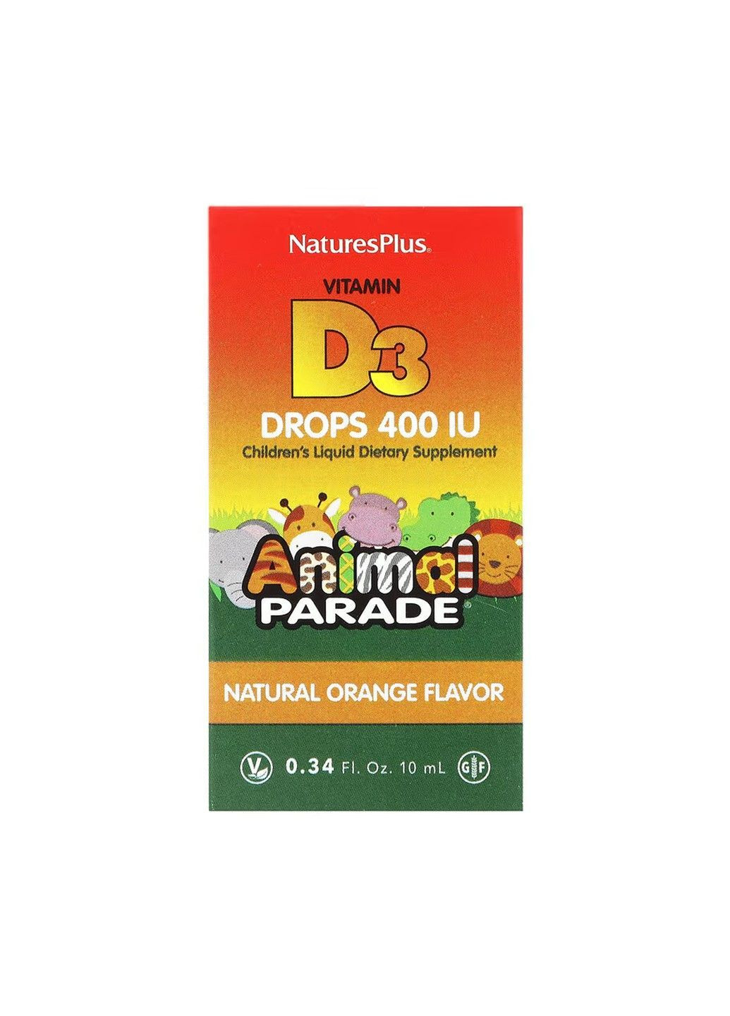 NaturesPlus, Animal Parade, витамин D3 в каплях, с натуральным апельсиновым вкусом, 10 мкг (400 МЕ), 10 мл Natures Plus (364956322)