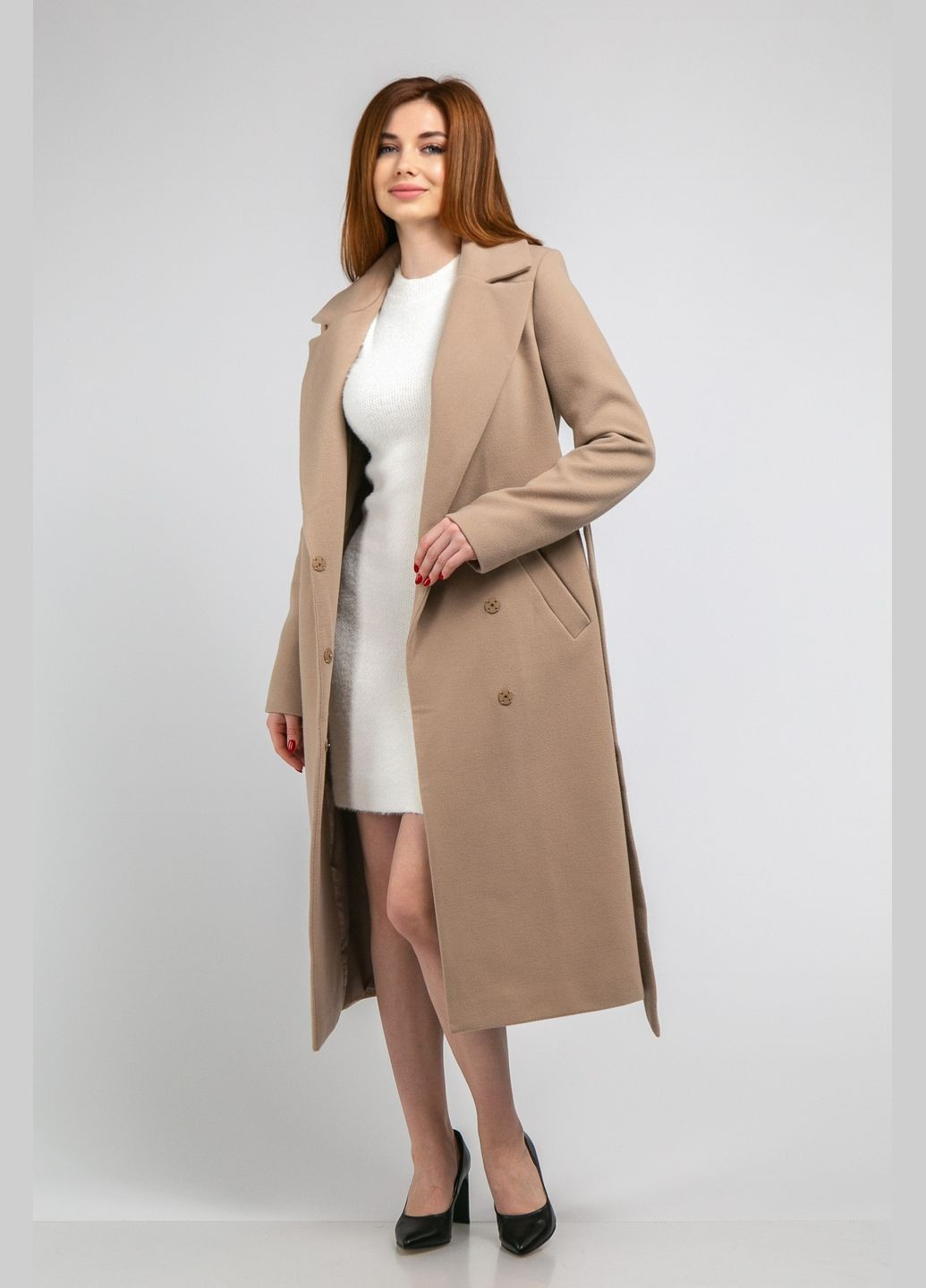 Бежевое демисезонное Светлое осеннее пальто под пояс из кашемира бежевого цвета CHICLY