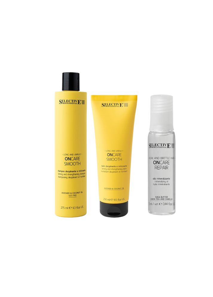 ONCARE SMOOTH Комплекс для разглаживания волос: Шампунь 275 мл, Кондиционер 250 мл + Восстанавливающее масло 13мл Selective Professional (338619144)