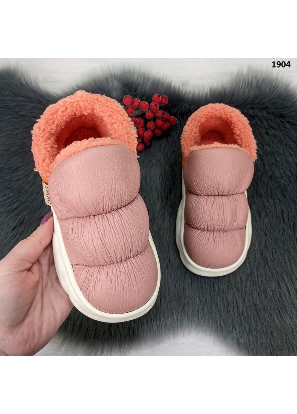 Пудровые тапочки детские теплые Fashion