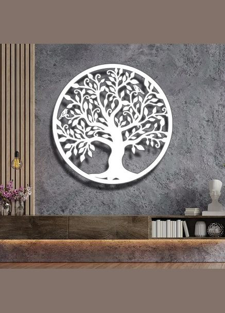 Панно 3D декоративное с объемом 15 мм для стен, Дерево с птичками 50 х 50 см белое Декоинт (276708754)
