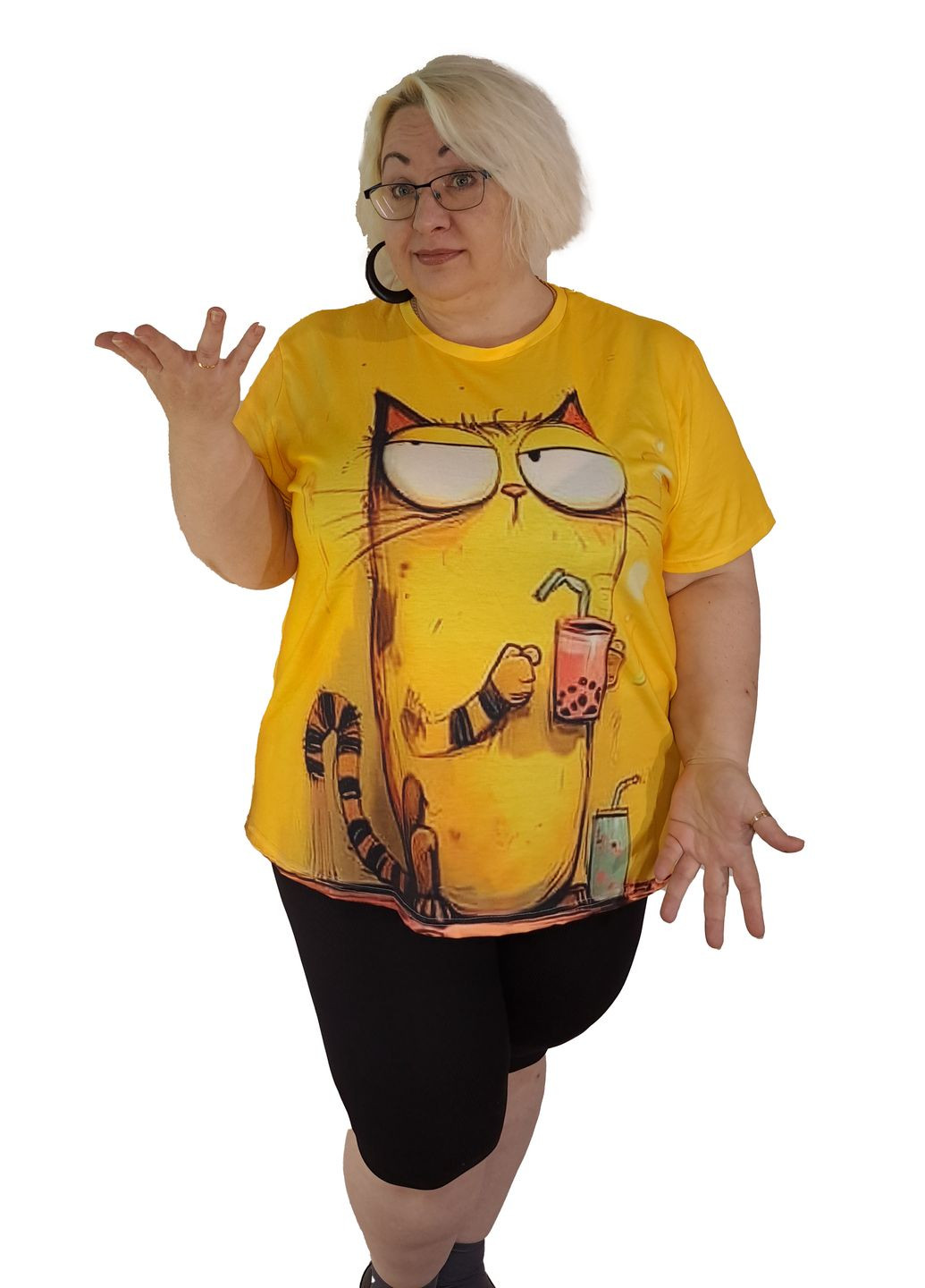 Футболка жовта унісекс з принтом кота размер No Brand - (356727776)