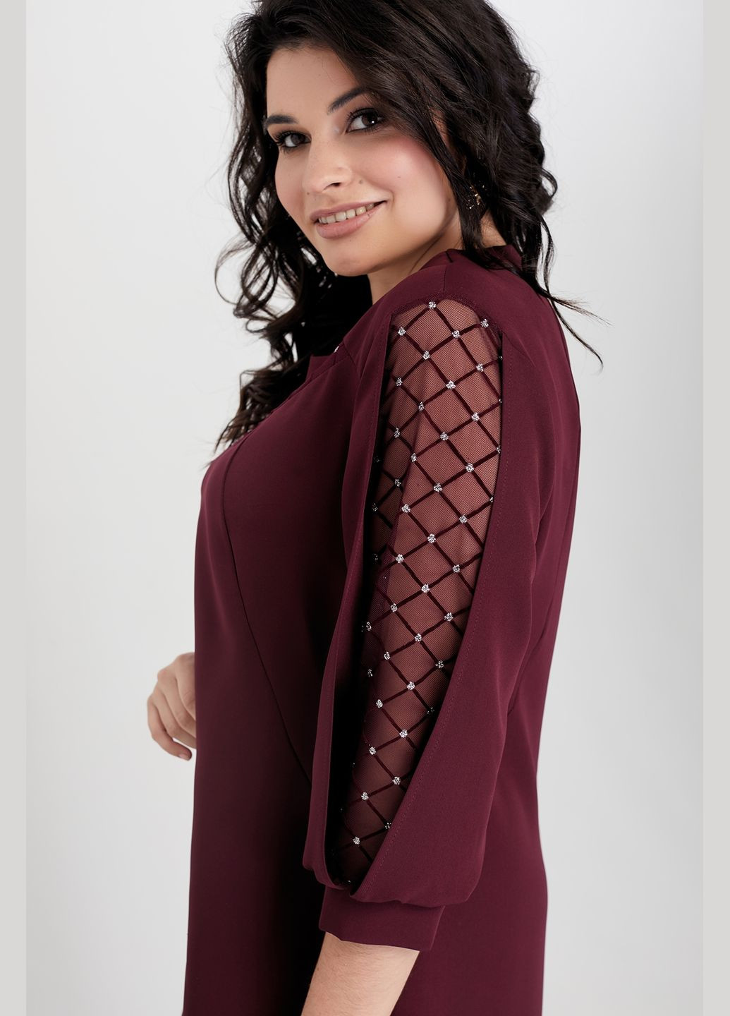 Бордовое женское платье полуприталенного силуэта больших размеров с рукавом 3/4 all posa (ap100431p) A'll Posa