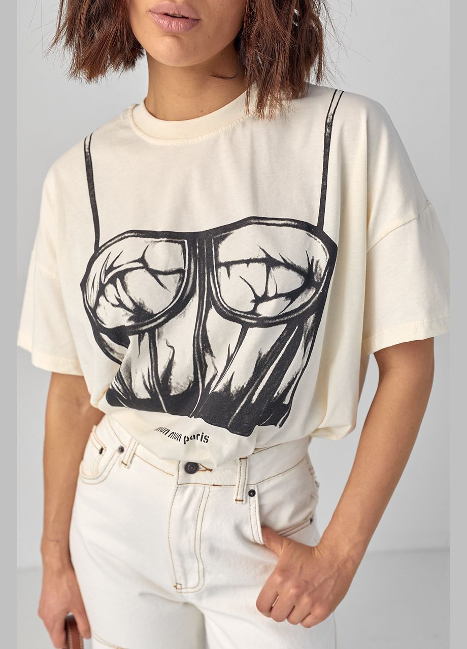 Бежевая летняя женская футболка с принтом в виде корсета Lurex