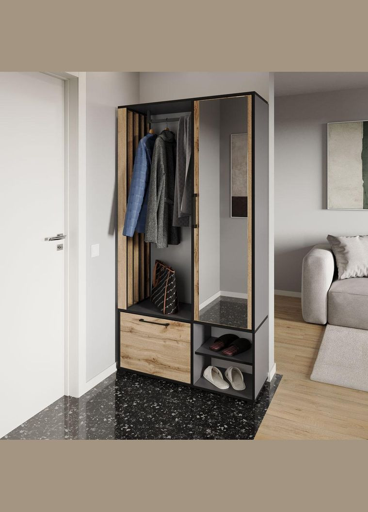 Сучасна прихожа з дзеркалом, дверцятами та штангою для одягу від KO-0003 Антрацит/Аппалачі MORELI (361034926)