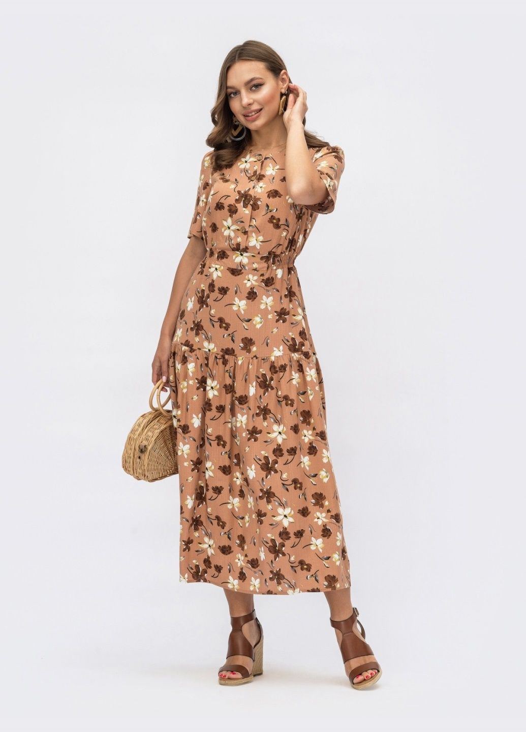 Коричневое расклешенное платье-миди с цветочным принтом коричневое Dressa