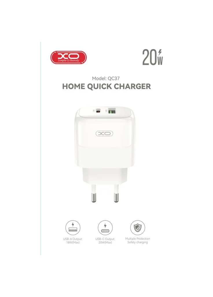 Зарядний пристрій 1xUSB QC3.0 + 1xUSB-C PD20W (-QC37) XO (382062087)