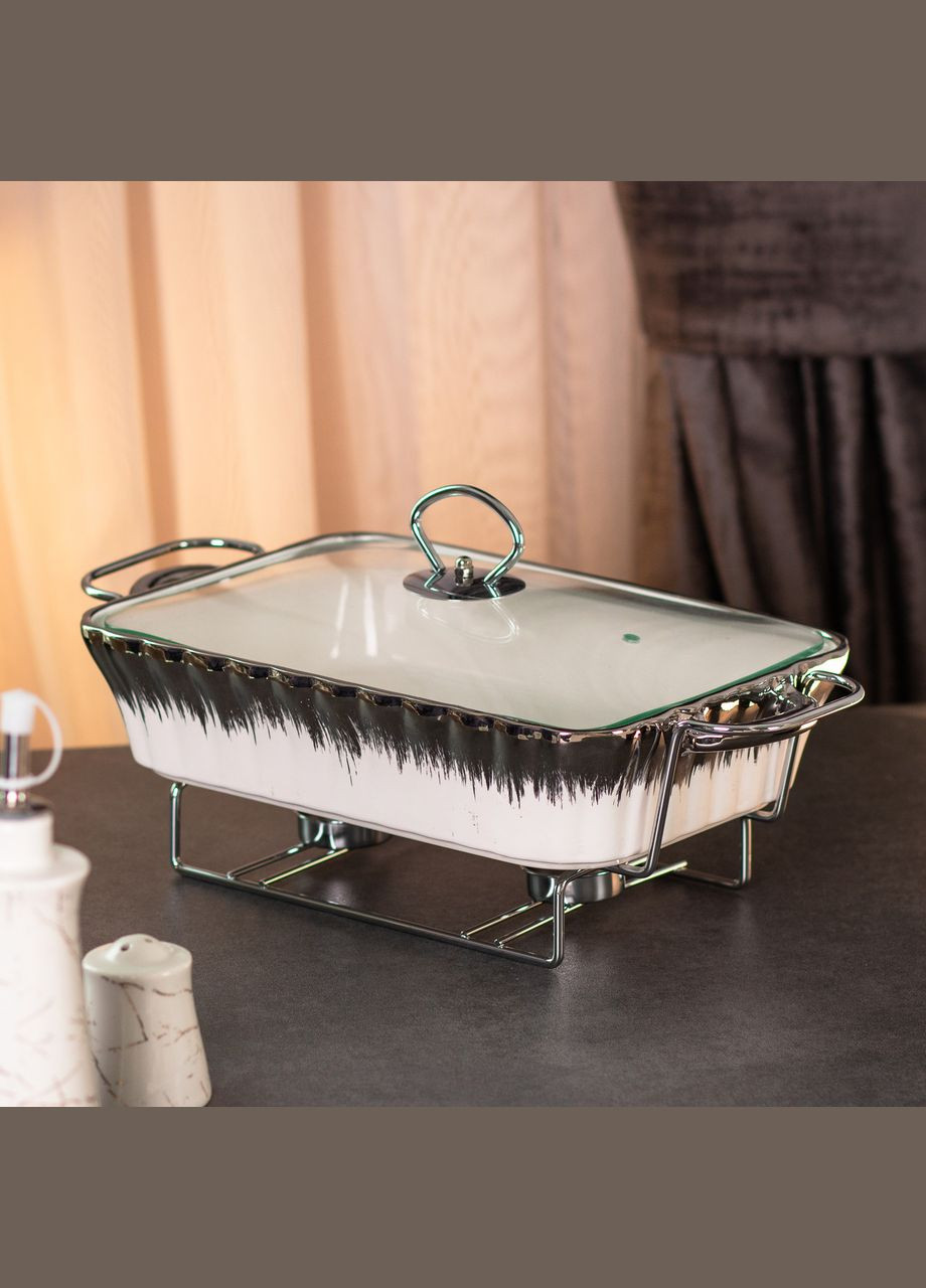 Мармитница керамическая прямоугольная 2 л со стеклянной крышкой, хром Yiwu (322421176)