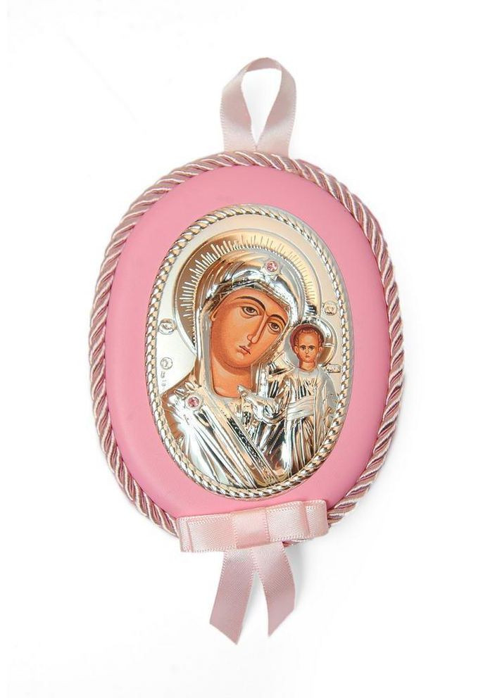 Серебряная детская иконка Казанская Божья Матерь 10х12,5см на розовой подушечке для девочки Prince Silvero (265215526)