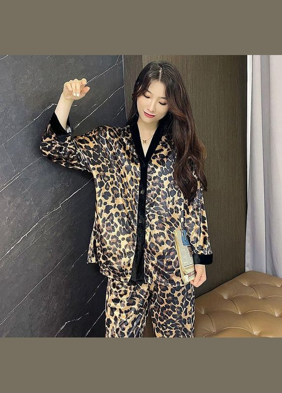 Черная всесезон комплект пижамный домашний женский атласный leopard леопардовый рубашка + брюки No Brand Леопард