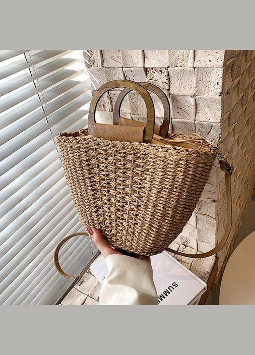 Маленькая летняя плетеная сумка кросбоди с деревянными ручками и длинным ремешком ANGELA No Brand (293510681)