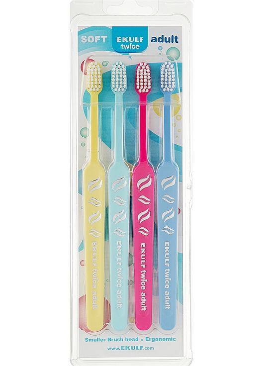 Набор мягких зубных щеток, желтая + голубая + розовая + фиолетовая Twice Adult 4шт (892106-29831) Ekulf (368649735)