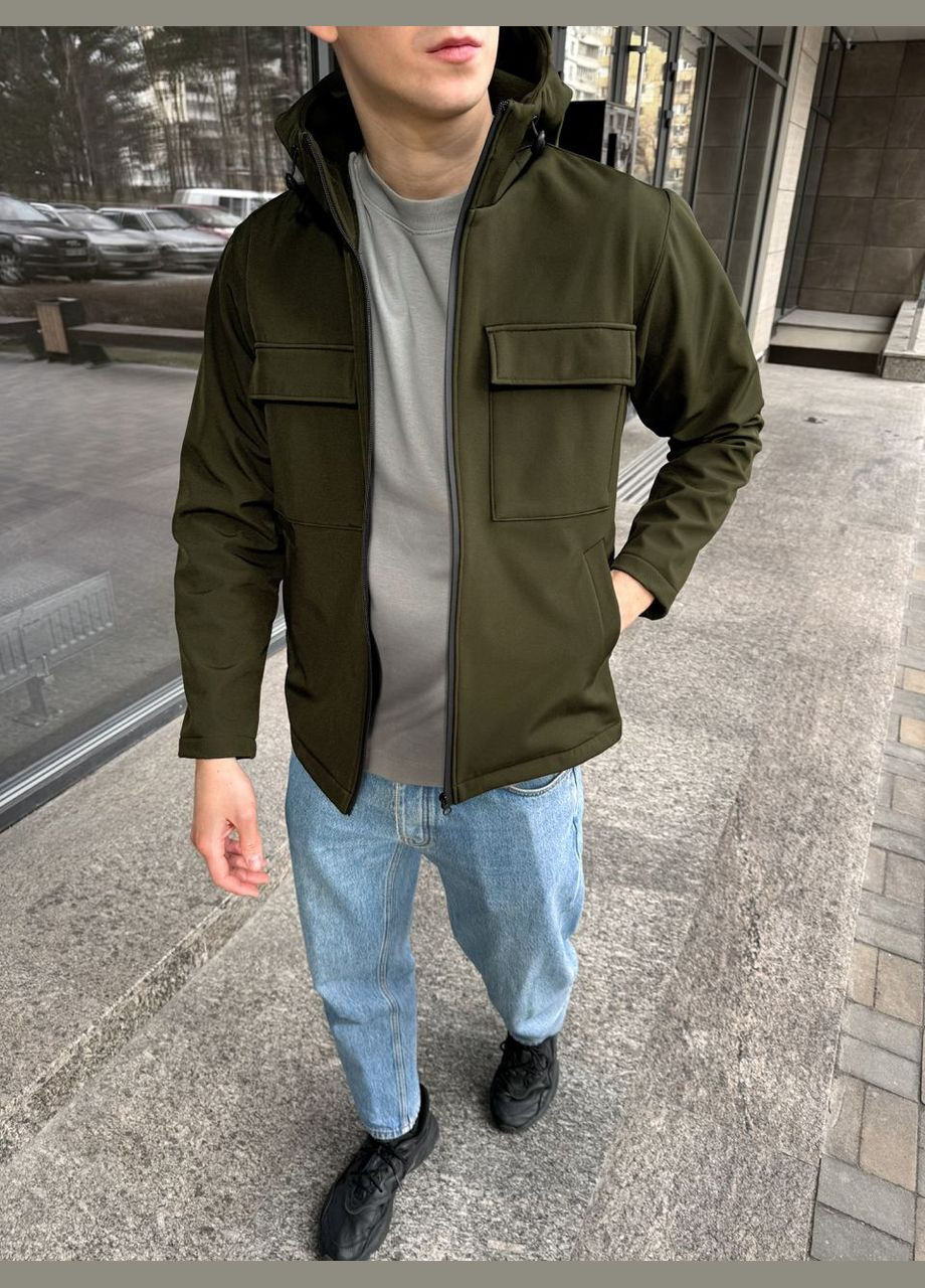 Оливковая (хаки) демисезонная базовая куртка с софтшел Vakko