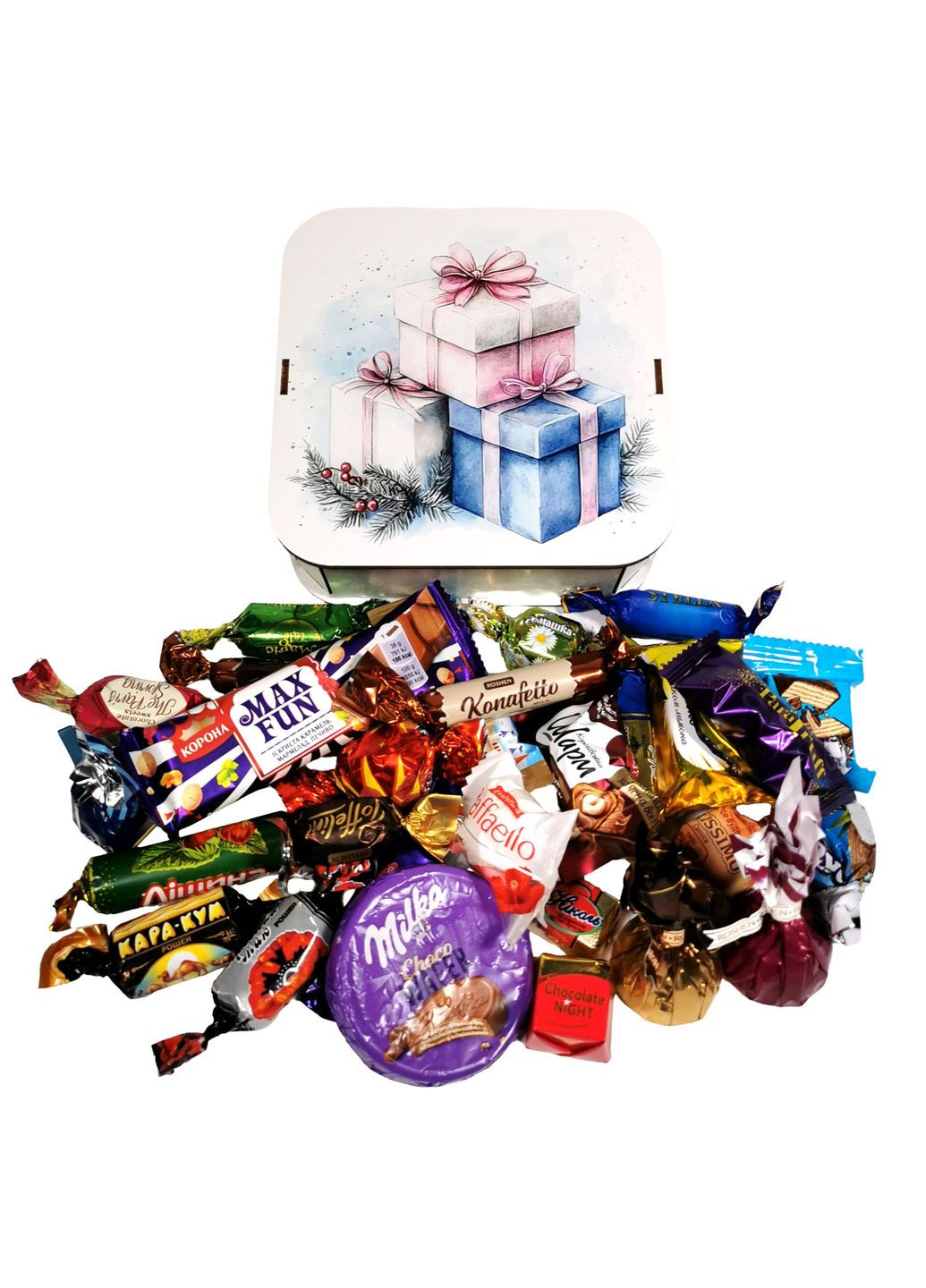 Подарок №41/1 "Праздник в каждой конфете" 415г (15х15х5см, в деревянной коробке) Унікальна цукерка (372656271)