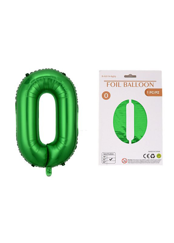 Фольгована кулька Цифра 0, зелена, 76 см, індивідуальна упаковка No Brand (360548030)