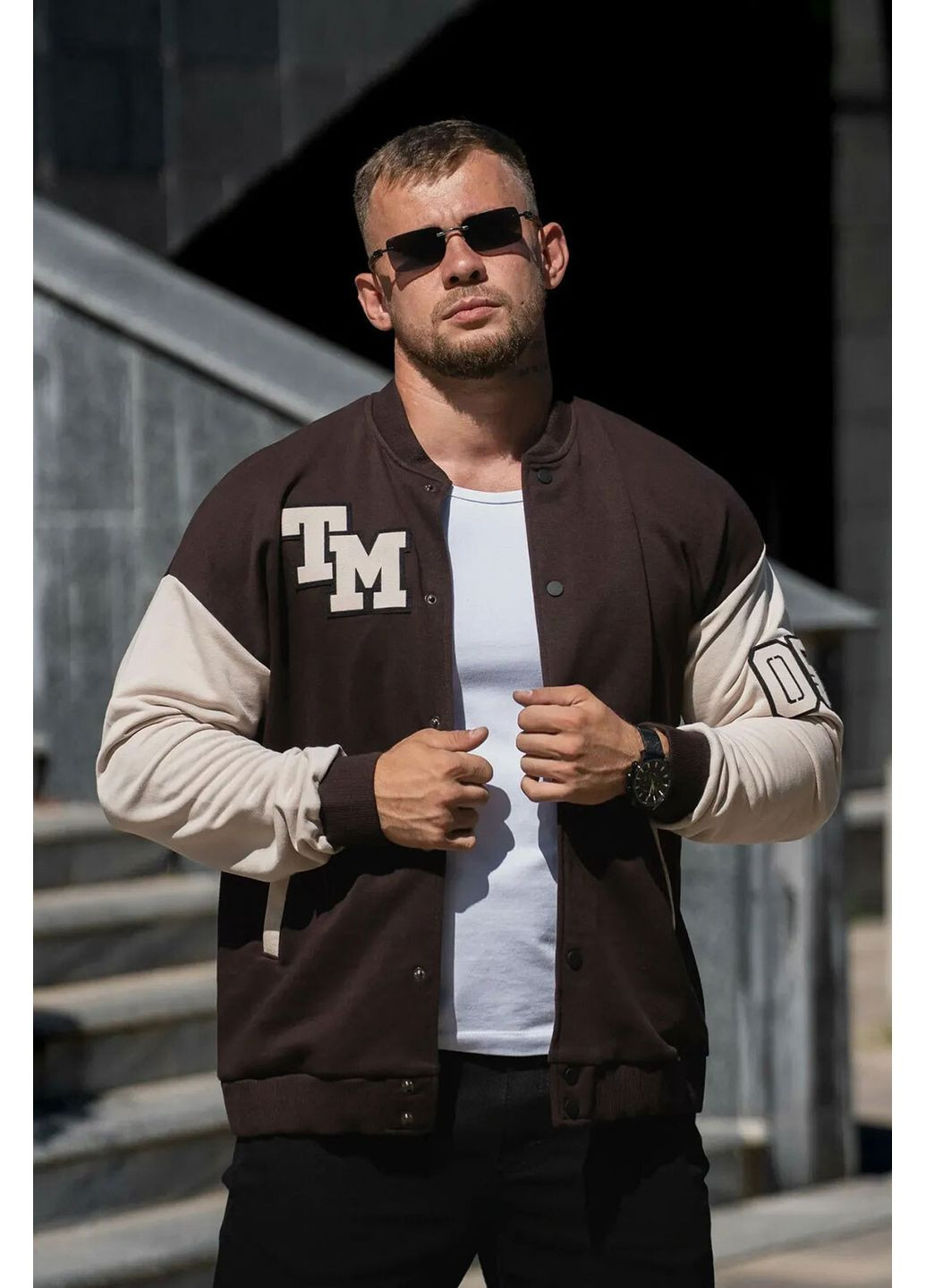 Чоловічий бомбер на кнопках oversize petlia 23 коричневий з білим Teamv (366740734)