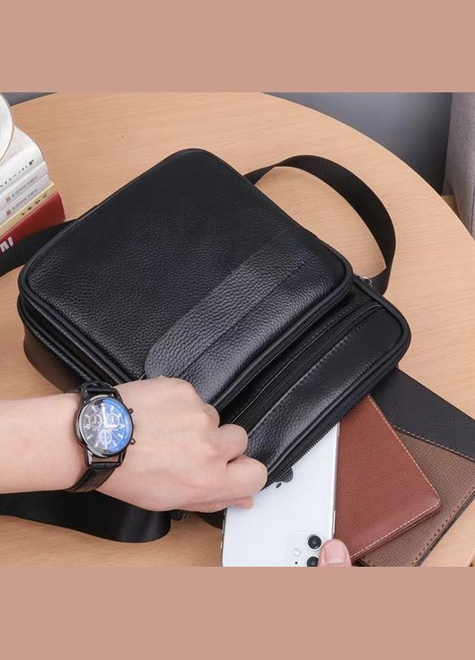 Чоловіча шкіряна сумка через плече практичний месенджер із натуральної шкіри з ручкою чорна 22*26*9 см Bexhill (338373029)