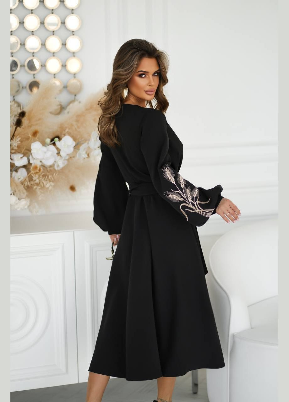 Черное праздничный, повседневный, кэжуал, вечернее нежное элегантное платье на запах с невероятной вышивкой на запах InFashion однотонное