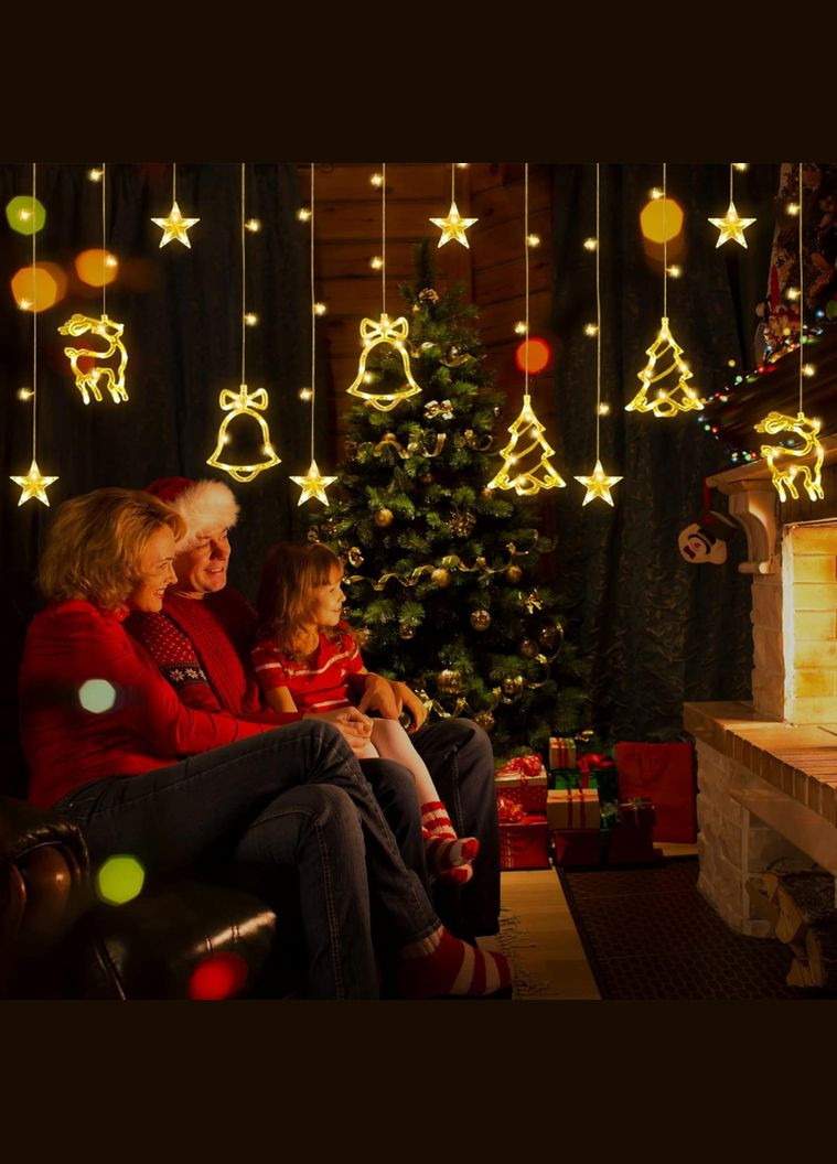 Светодиодная гирлянда штора микс 3м Led занавес с фигурами колокольчики елки олени теплый белый HX (268139374)