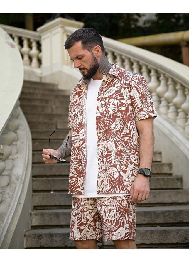 Стильный мужской костюм гавайский шорты+рубашка бордовый Freedom (350313700)
