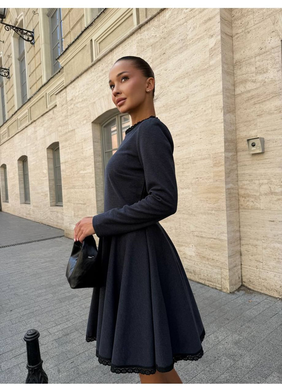 Темно-синее женское платье с пышной юбкой шерсть коттон с пышной юбкой No Brand