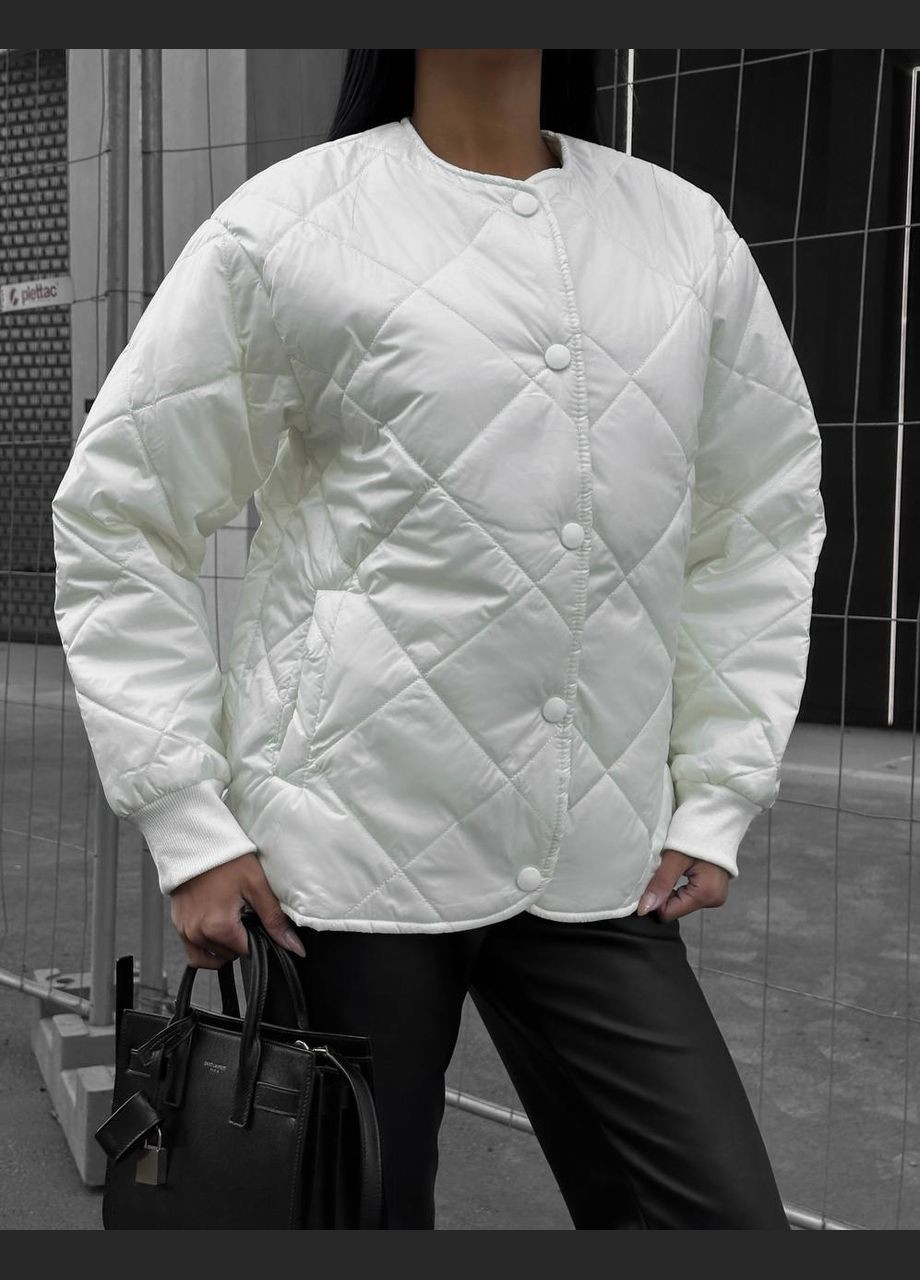 Молочная демисезонная стильная однотонная куртка из стеганной плащевки лаке на силиконе 100, лёгкая курточка на кнопках с карманами и без капюшона No Brand 043