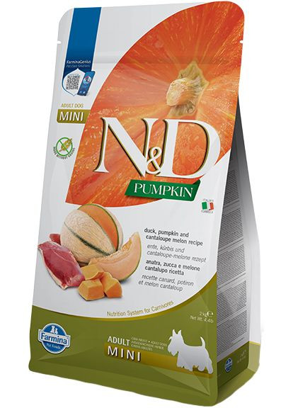 Сухой беззерновой корм Pumpkin Duck & Cantaloupe Adult Mini для собак мелких пород с уткой и дыней 2 кг Farmina (364788616)