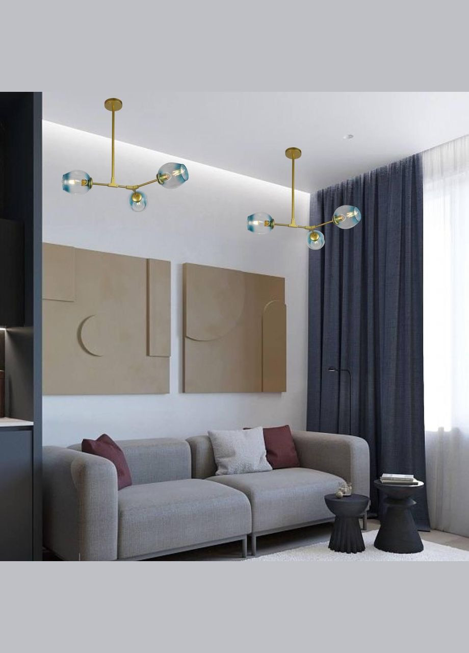 Золота люстра на 3 блакитних молекули (52-L7731-3 GD+BL) No Brand (370072391)