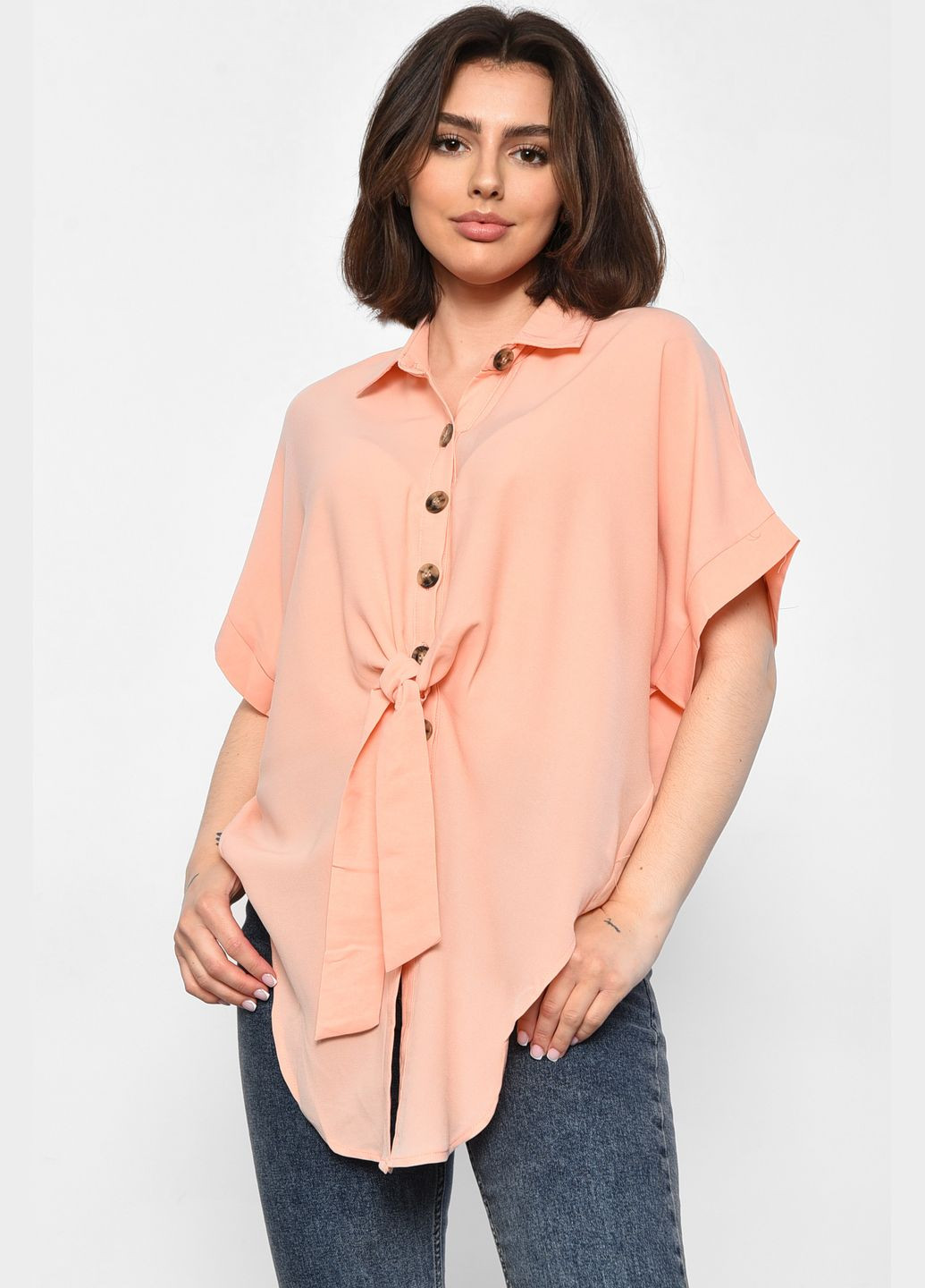 Персикова блуза жіноча з коротким рукавом персикового кольору з баскою Let's Shop