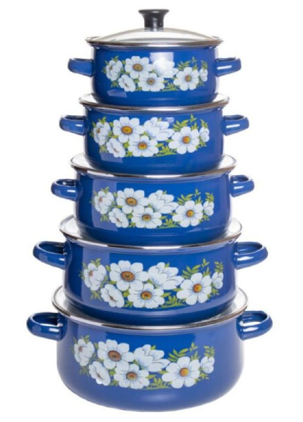 Набір комплект емальованого посуду каструль зі скляними кришками 5 штук з малюнком (476589-Prob) Синій Unbranded (285165371)