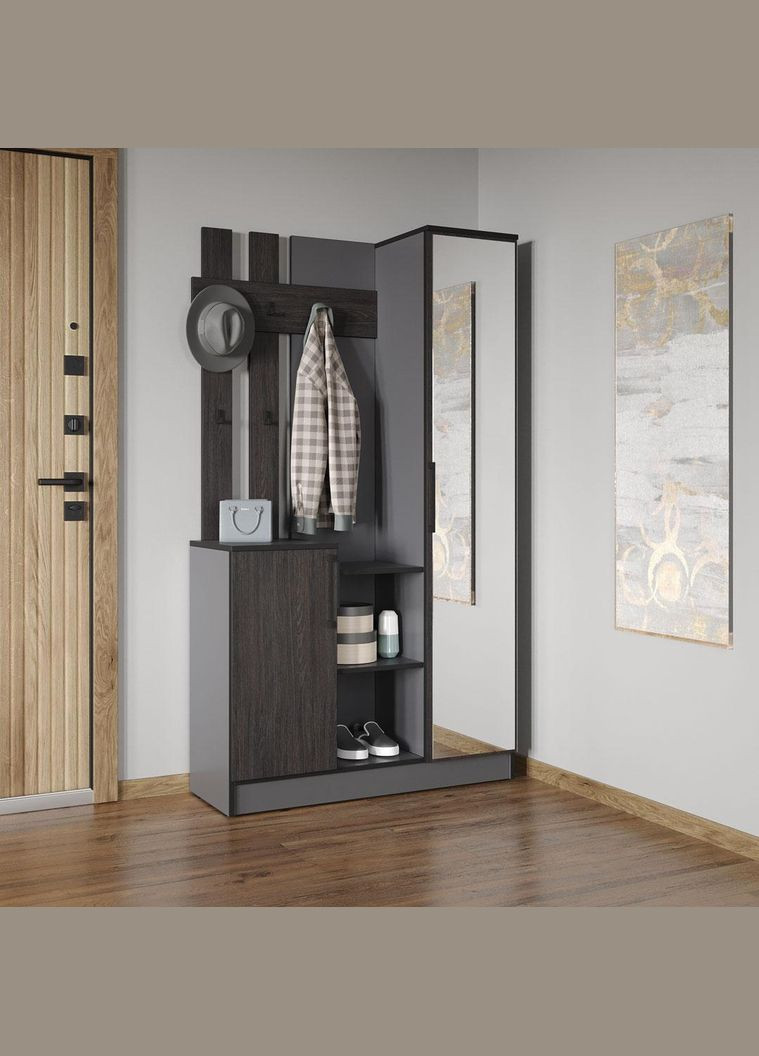 Cтильна прихожа з дзеркалом, дверцятами та крючками для одягу від KO-0004 Антрацит/Венге темний MORELI (361035098)